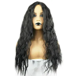 Natural black long wavy synthetic wig for women with middle part on mannequin head