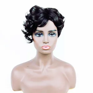 Short curly black synthetic wig for women with voluminous layers on a mannequin