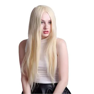 Long straight blonde wig for women with middle part design and 24-inch hair length