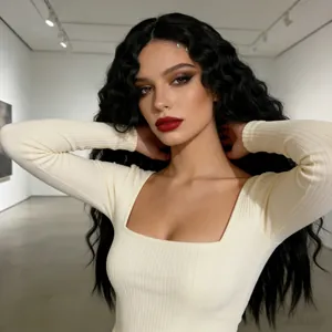 Detail of long black kinky curly wig paired with a cream ribbed square neck knit top