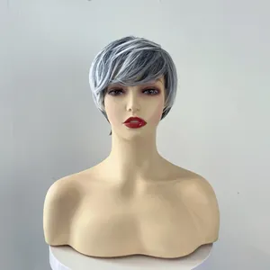 Front view detail of short pixie cut wig with mixed silver gray and black synthetic hair