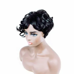 Short kinky curly black synthetic wig for women with natural voluminous wave style