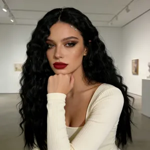 Long wavy black synthetic wig for women with natural curls in a minimalist studio setting