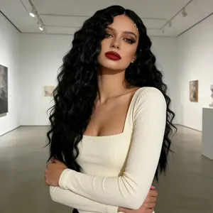 Long black corn wavy curly hair wig for women in stylish gallery setting photoshoot