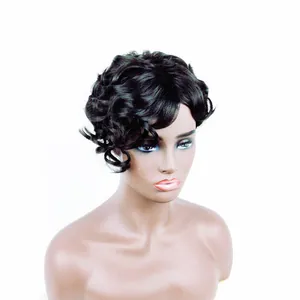 Short black curly synthetic hair wig for women styled on a professional mannequin head