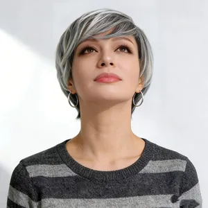 Close-up of short salt and pepper gray ombre bob wig with natural texture for women