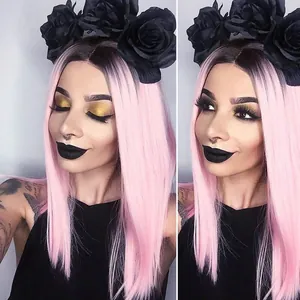 Long straight ombre pink wig with black roots and gothic black rose headband