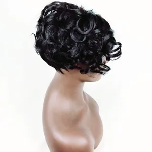 Short black curly synthetic wig for women with natural tight spiral curls on a mannequin