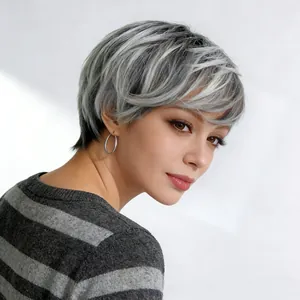 Short black pixie cut wig with silver grey highlights for women, stylish layered hair