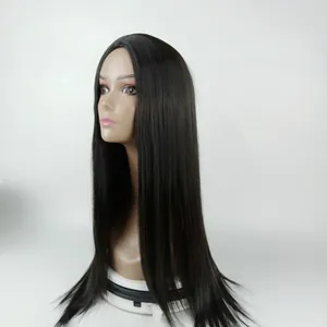 Perruque longue et lisse noire en fibres synthétiques avec raie au milieu sur buste