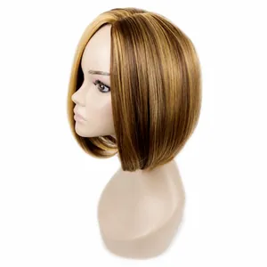 Short blonde bob wig with highlights for women, synthetic straight hair fashion style