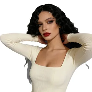 Women's off-white square neck long sleeve ribbed knit sweater with elegant texture