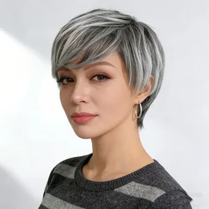 Short pixie cut wig for women in stylish salt and pepper grey synthetic hair on model