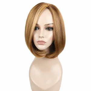 Short blonde bob wig for women with middle part and honey blonde highlights on white base