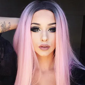 Women Long Straight Ombre Wig Black To Light Pink Heat Resistant High Temperature Synthetic Fiber Hair For Cosplay Party