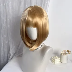 Close-up of light blonde bob wig with straight hair and bangs on a mannequin