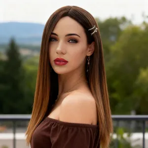 Dettaglio della parrucca lunga liscia marrone sfumata con riga in mezzo e lucentezza