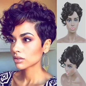 Afro Short Curly Wig For Women Black Synthetic Hair Heat Resistant Pixie Cut Natural Looking Wavy Wig For Daily Party Wear