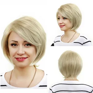 Damen Kurz Hellgold Bob Perücke Synthetische Hitzebeständige Faser Glattes Haar Mit Seitlichem Pony Natürliche Perücke