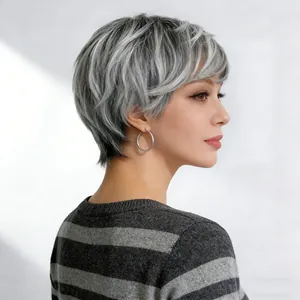 Short straight wig for women with layered salt and pepper black white highlights