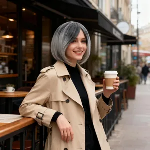 Donna Ombre Nero Grigio Sfumato Corto Liscia Bob Parrucca Fibra Sintetica Alta Temperatura Moda Riga In Mezzo Capelli