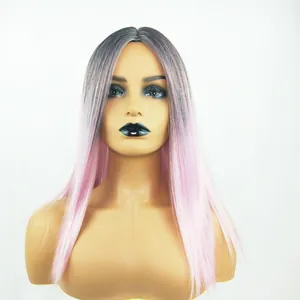 Long straight ombre wig with dark roots transitioning to bright pink hair, minimalist view