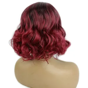 Back view of short curly bob wig with dark roots to wine red ombre waves