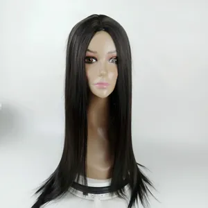Vue de face d'une longue perruque synthétique noire lisse avec raie au milieu sur mannequin