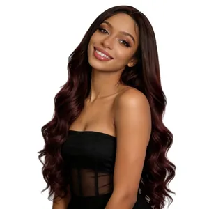 Peluca larga ondulada sintética en color degradado burdeos para mujer con rizos chic