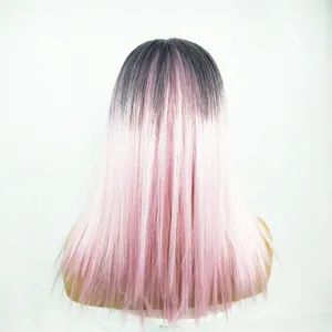 Detail of long straight hair wig with black to light pink gradient and smooth fiber texture