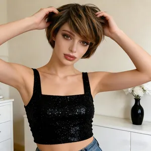 Kurze braune wellige Bob-Perücke mit blonden Highlights für Damen, hitzebeständiges Haar