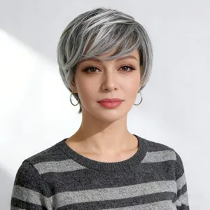 Close-up of stylish short straight wig with grey and white highlights and side bangs