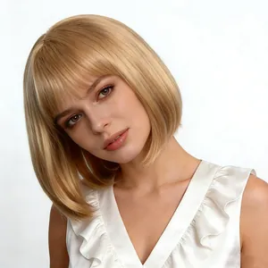 Short blonde bob wig with bangs, sleek neck-length straight hair for a modern look