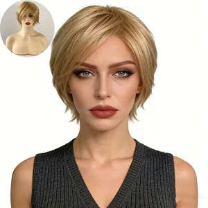 Perruque Courte Blonde Coupe Pixie pour Femme Raie sur le Côté Fibre Synthétique Haute Température Cheveux Lisses Perruque Mode pour Fête