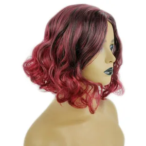 Side view detail of shoulder-length wavy bob wig in gradient burgundy and black
