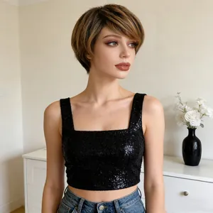 Kurze gewellte braune Bob-Perücke mit goldenen Highlights an einem Modell im Raum