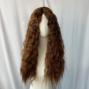 Macro detail of deep brown long curly wig fibers with deep water wave texture