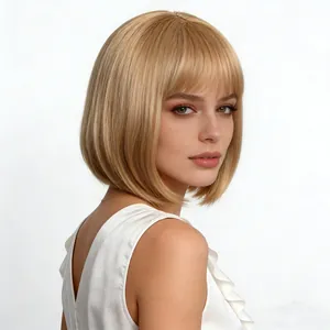 Short blonde bob wig with bangs, high-quality heat resistant fiber hair for women