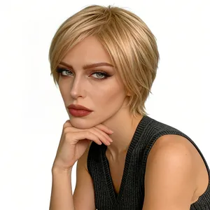 Perruque courte blonde dégradée pour femme avec raie sur le côté couleur champagne doré
