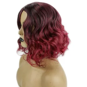 Shoulder-length ombre wine red wavy bob wig for women with dark roots on white background