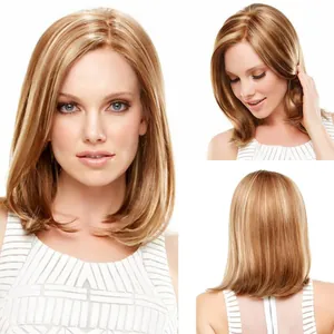 Women Mid Length Bob Wig Brown Synthetic High Temperature Fiber Highlights Middle Part Straight Hair For Daily Party Wig