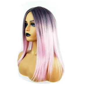 Ombre pink shoulder length wavy wig for women with black roots made of synthetic fiber