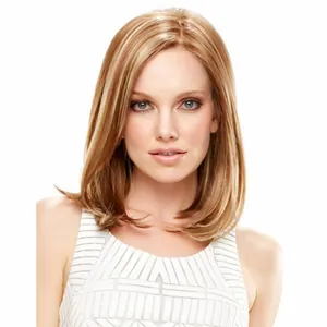 Chic light brown bob wig with blonde highlights and natural shoulder-length straight hair