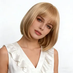 Short blonde Bob wig with bangs and straight hair for fashion women in gold brown