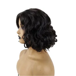 Side view of shoulder-length black wavy bob wig showing natural curly texture on mannequin