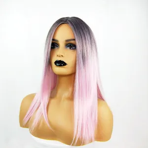 Detail of long straight hair wig showing seamless black to light pink ombre gradient