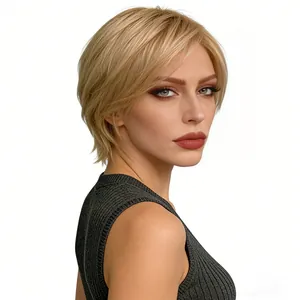 Perruque courte blonde pour femme avec raie sur le côté et coupe dégradée style tendance