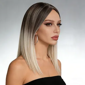 Parrucca bob liscia bionda sfumata lunghezza spalla con radici scure e capelli sintetici