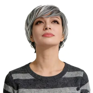 Short black and white mixed straight bob wig for women with stylish layered highlights