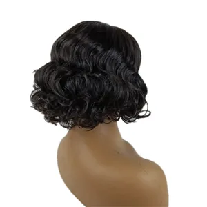 Rear view of short black wavy bob wig with curly texture on head model